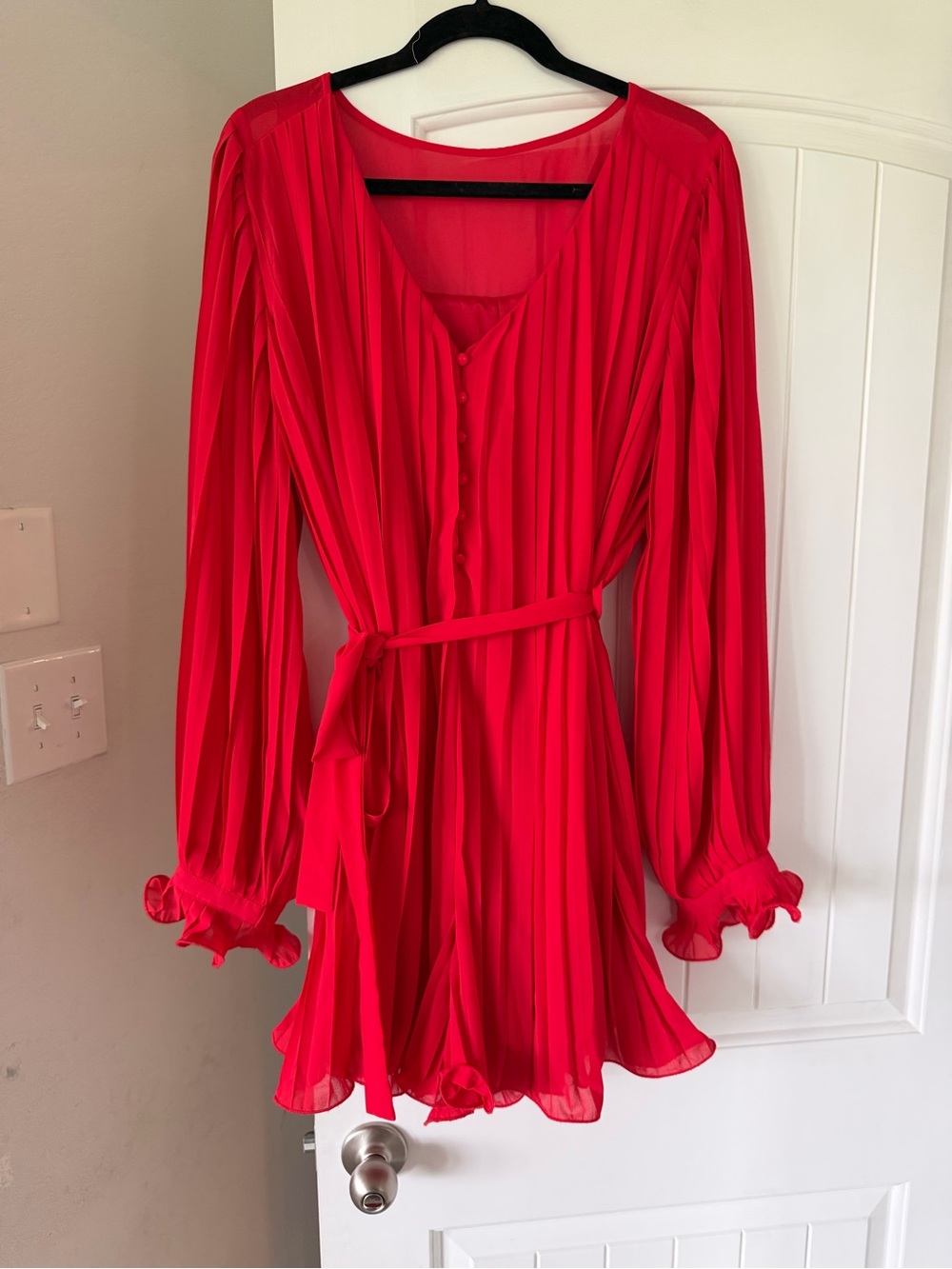 Red Pleated Long-Sleeve Tie-Waist Romper